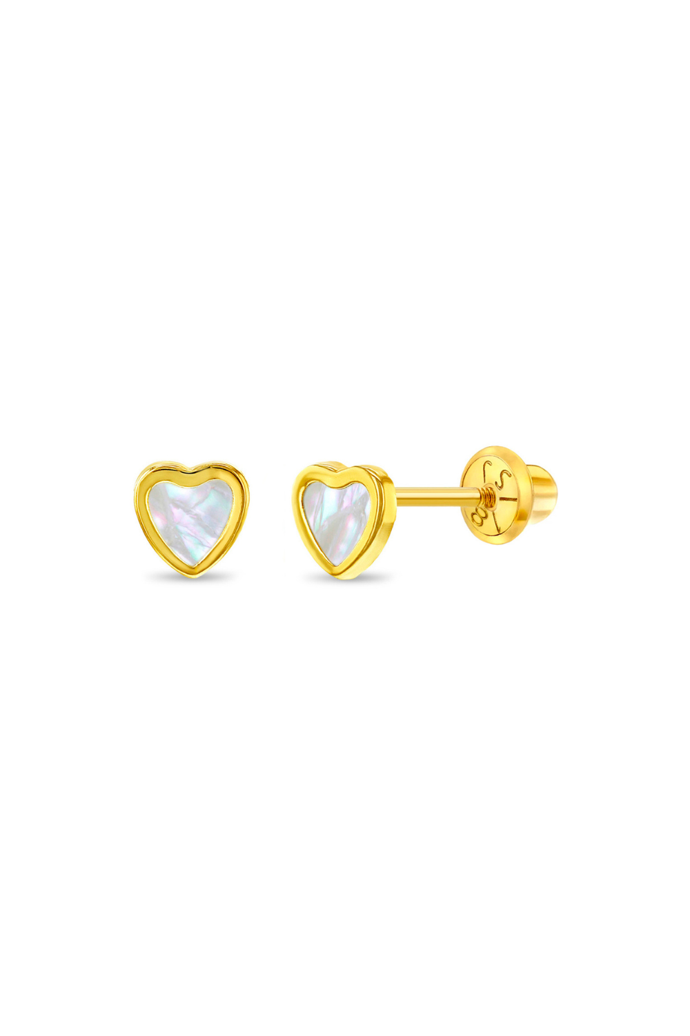 18k Gold Mother of Pearl Heart Baby / Toddler / Kids Earrings Safety Screw Back Bezel