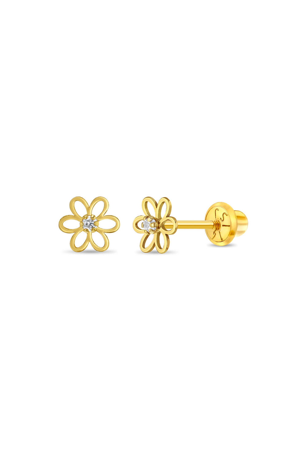 14k Gold Open CZ Flower Baby / Toddler / Kids Earrings Safety Screw Back - Clear CZ