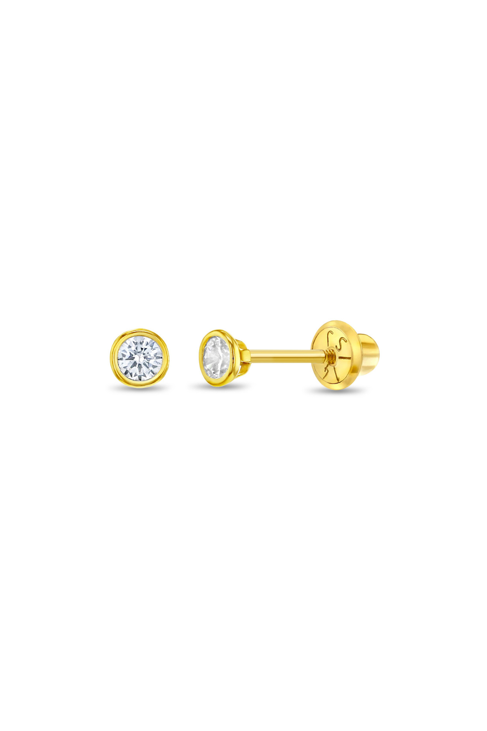 14k Gold Tiny Bezel Set CZ Baby / Toddler / Kids Earrings Safety Screw Back - 3mm