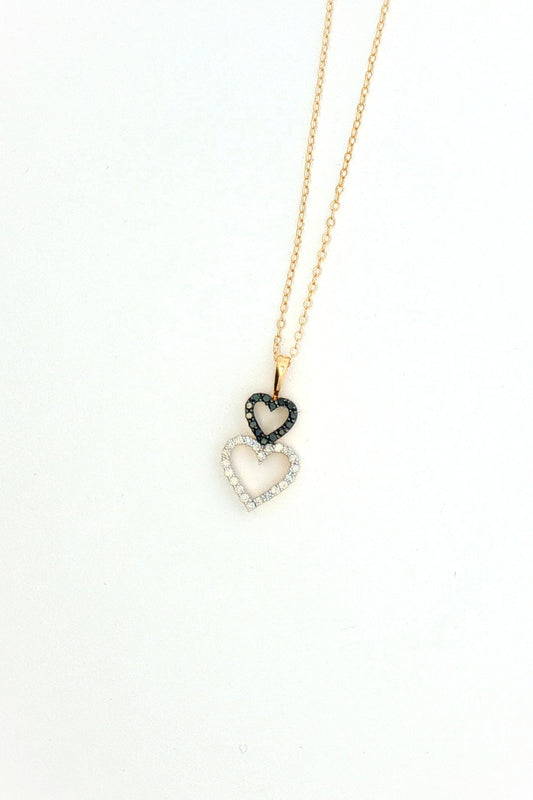 Collar Doble Corazón Diamantes Negros y Blancos
