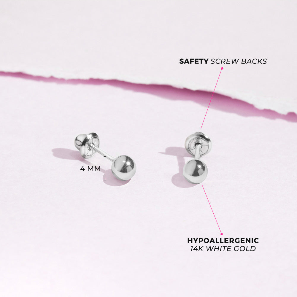 14k White Gold Classic Ball 3-4mm Baby / Toddler / Kids Earrings Safety Screw Back - 4mm