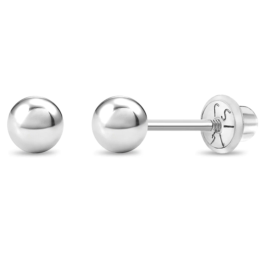 14k White Gold Classic Ball 3-4mm Baby / Toddler / Kids Earrings Safety Screw Back - 4mm