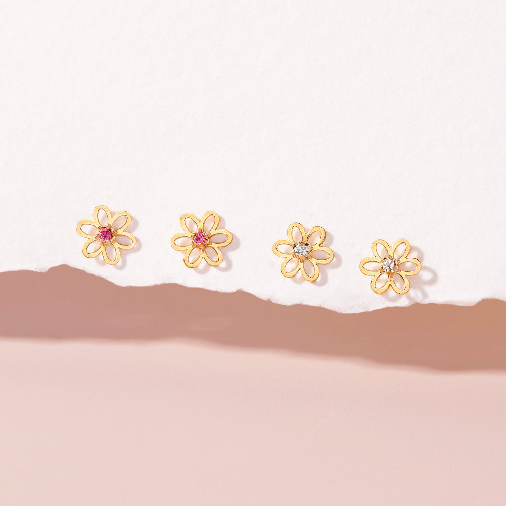 14k Gold Open CZ Flower Baby / Toddler / Kids Earrings Safety Screw Back - Clear CZ