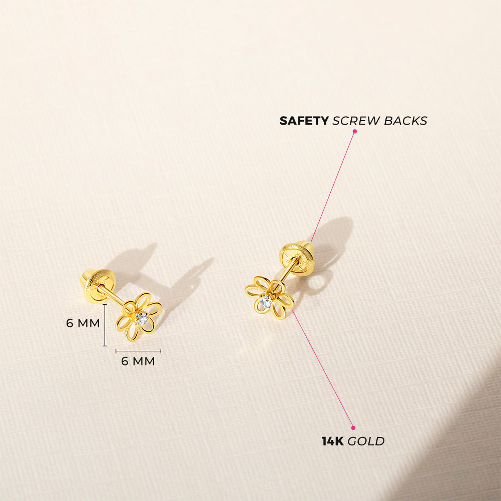 14k Gold Open CZ Flower Baby / Toddler / Kids Earrings Safety Screw Back - Clear CZ