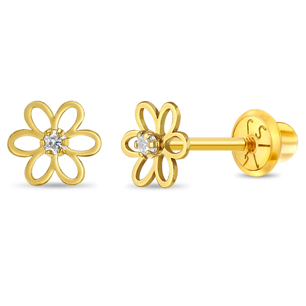 14k Gold Open CZ Flower Baby / Toddler / Kids Earrings Safety Screw Back - Clear CZ