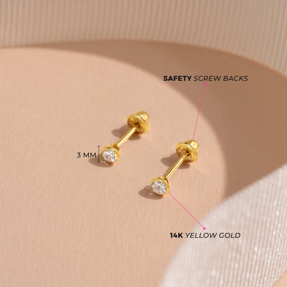14k Gold Tiny Bezel Set CZ Baby / Toddler / Kids Earrings Safety Screw Back - 3mm