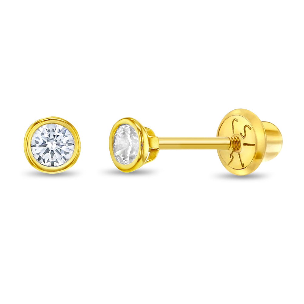 14k Gold Tiny Bezel Set CZ Baby / Toddler / Kids Earrings Safety Screw Back - 3mm