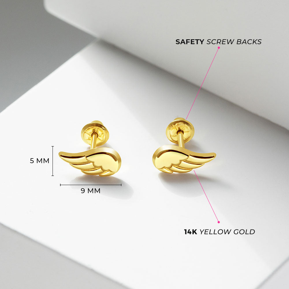 14k Gold Angel Wings Girls / Teen Earrings Safety Screw Back