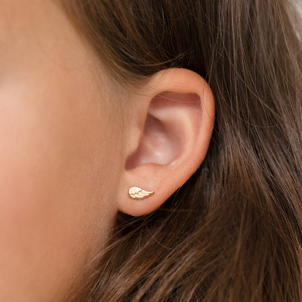 14k Gold Angel Wings Girls / Teen Earrings Safety Screw Back