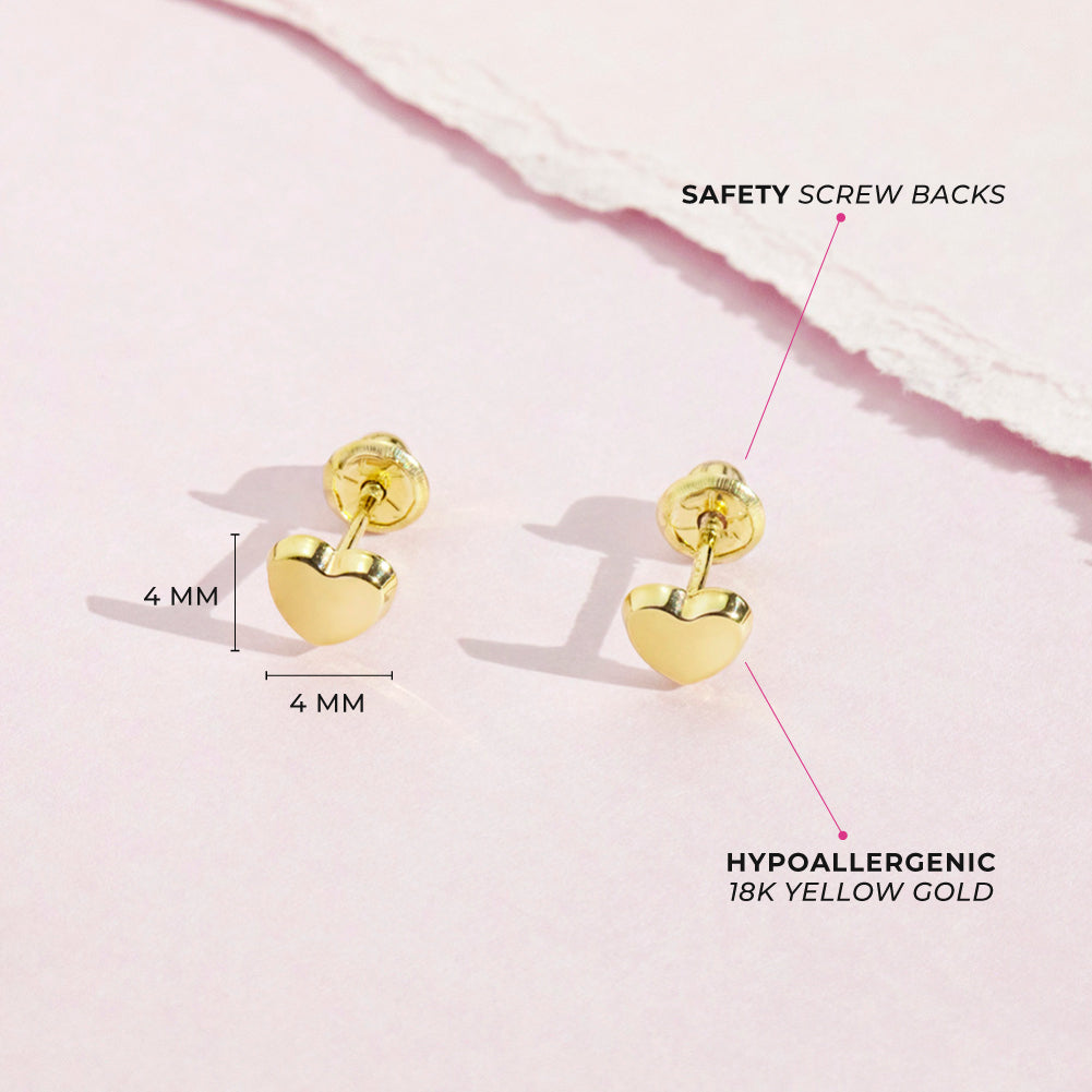 18k Gold Classic Polished Heart Baby / Toddler / Kids Earrings Safety Screw Back