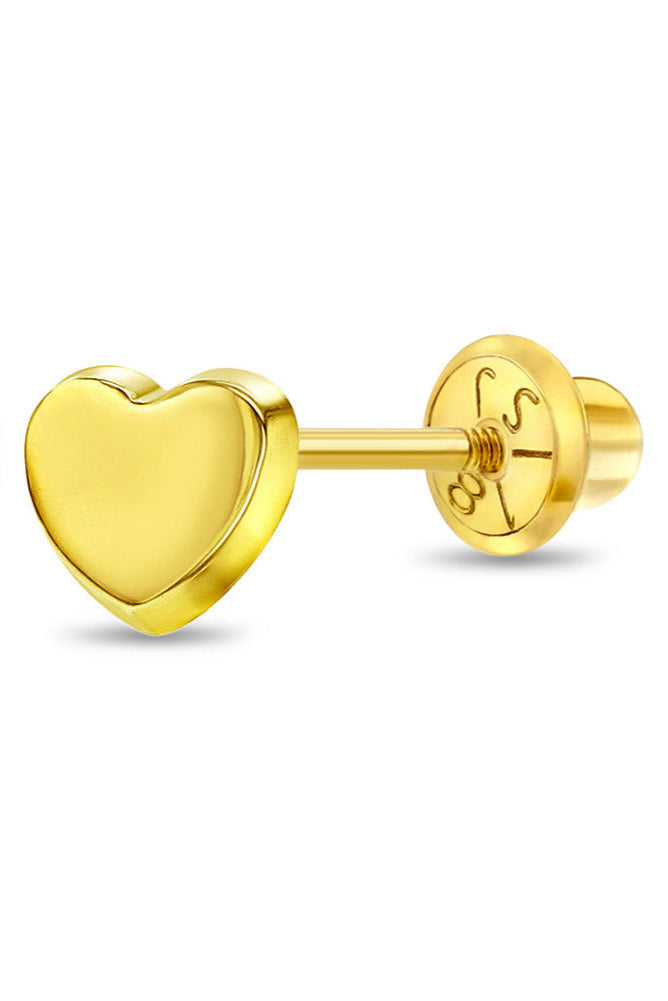 18k Gold Classic Polished Heart Baby / Toddler / Kids Earrings Safety Screw Back