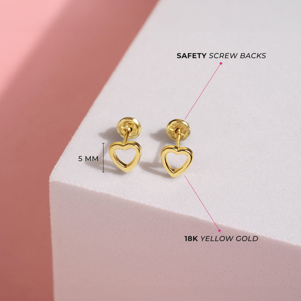 18k Gold Tiny Open Heart Baby / Toddler / Kids Earrings Safety Screw Back