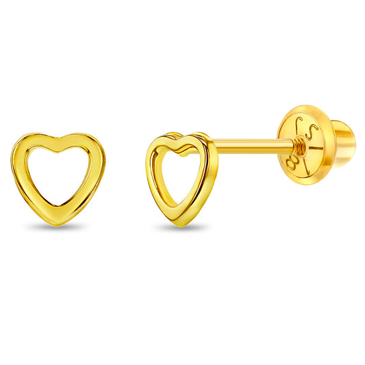 18k Gold Tiny Open Heart Earrings Safety Screw Back