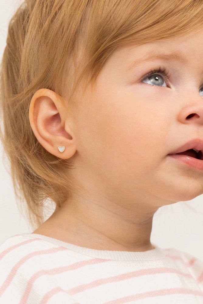 18k Gold Mother of Pearl Heart Baby / Toddler / Kids Earrings Safety Screw Back Bezel