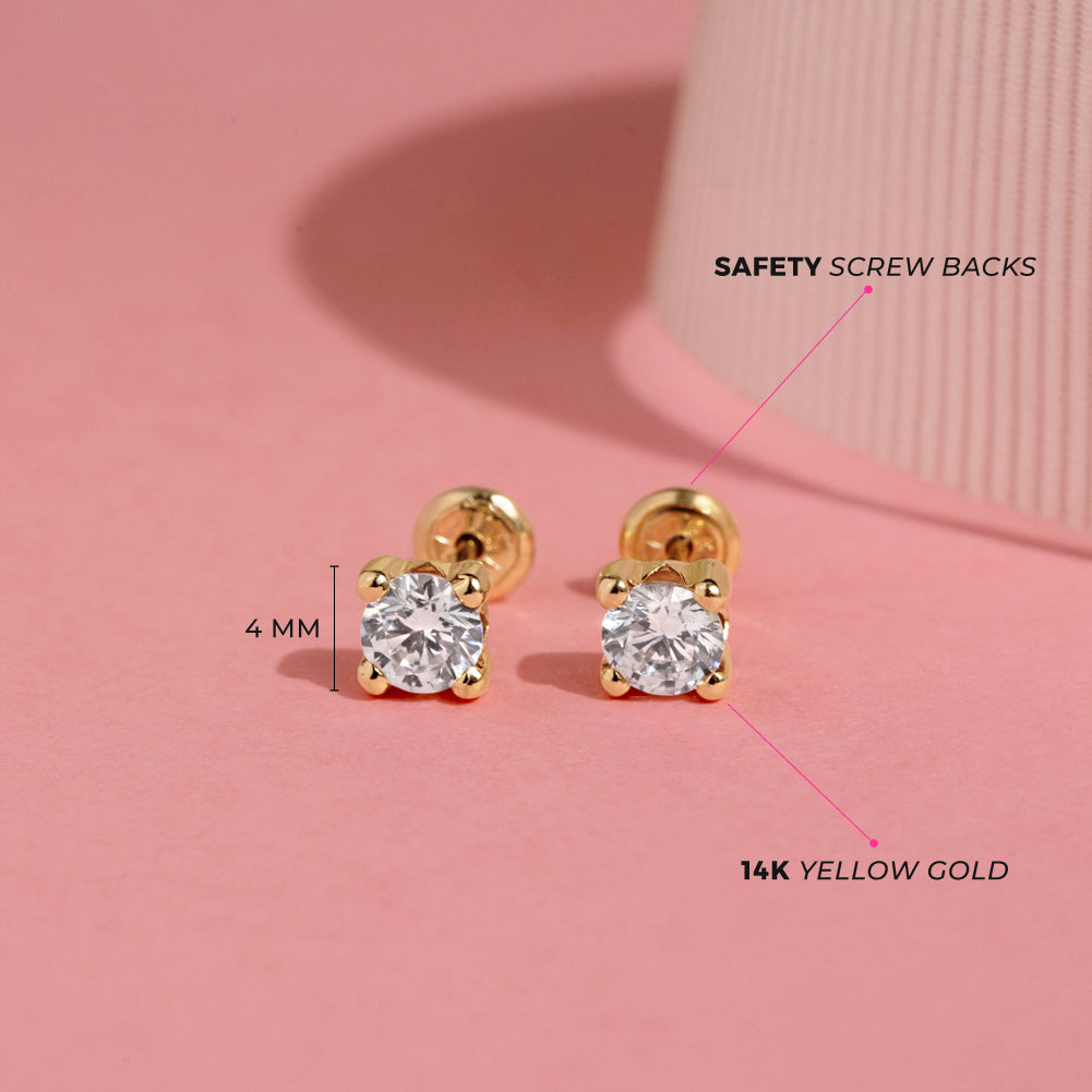 14k Gold 4 Prong CZ Solitaire 2-5mm Baby / Toddler / Kids Earrings Safety Screw Back - 4mm