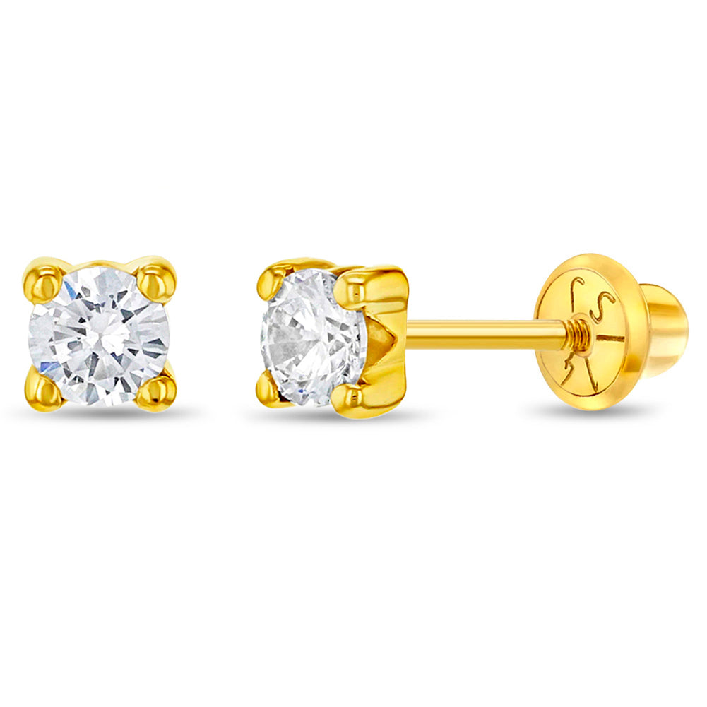14k Gold 4 Prong CZ Solitaire 2-5mm Baby / Toddler / Kids Earrings Safety Screw Back - 4mm