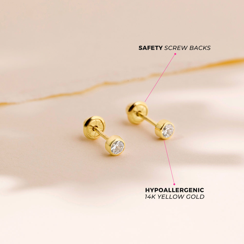14k Gold Bezel Set Diamond Baby / Toddler / Kids Earrings Safety Screw Back - 2.5mm