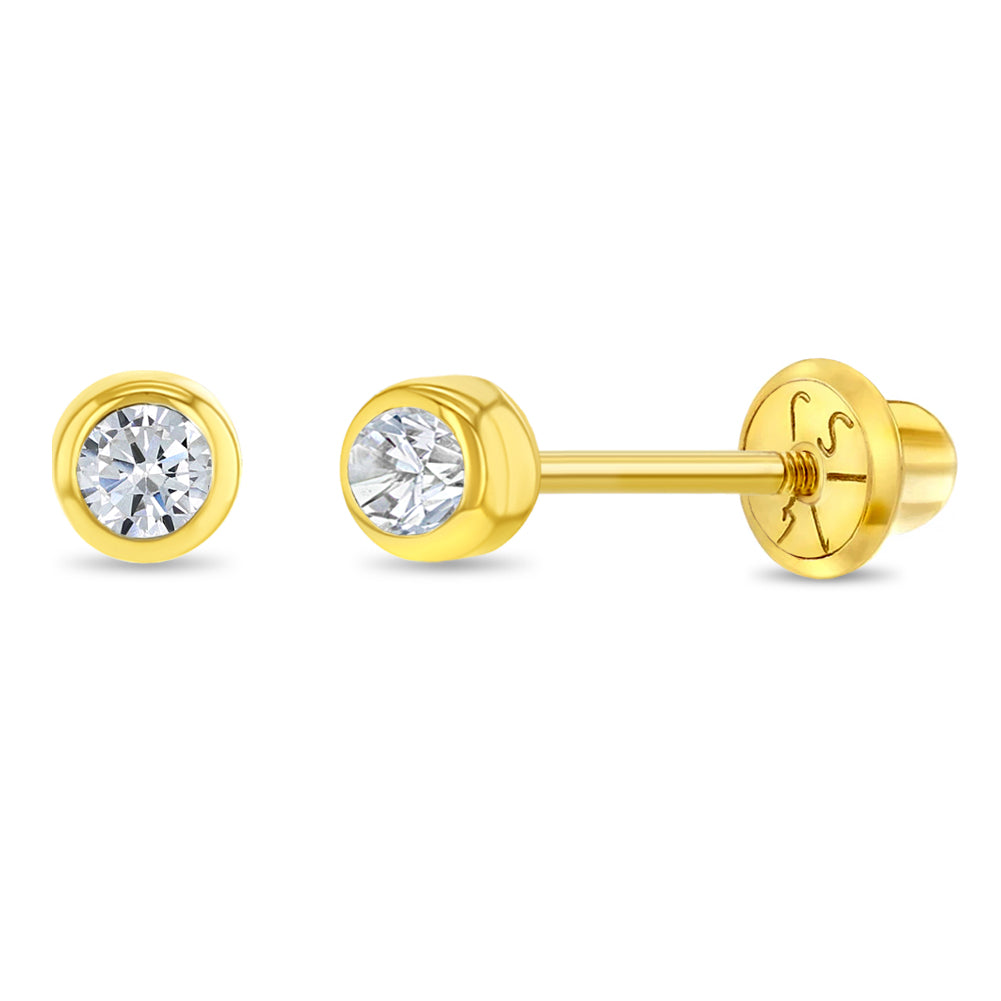14k Gold Bezel Set Diamond Baby / Toddler / Kids Earrings Safety Screw Back - 2.5mm