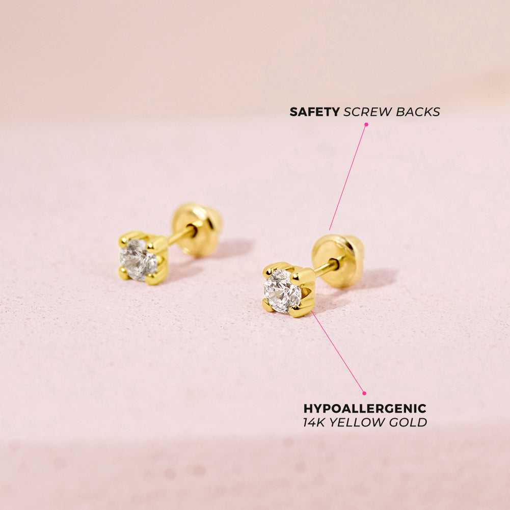 14k Gold Prong Set Diamond Baby / Toddler / Kid Earrings Safety Screw Back - 2mm