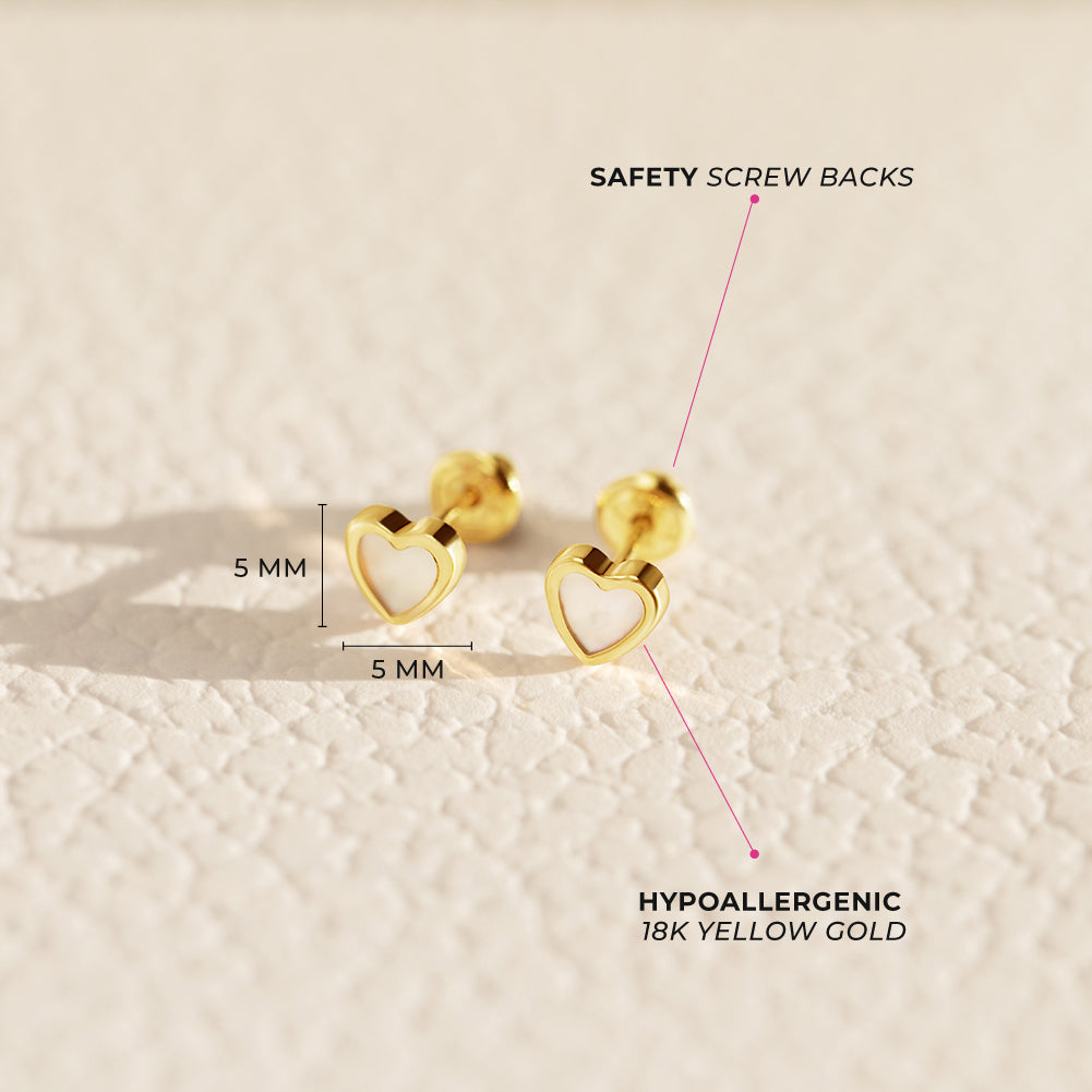 18k Gold Mother of Pearl Heart Baby / Toddler / Kids Earrings Safety Screw Back Bezel