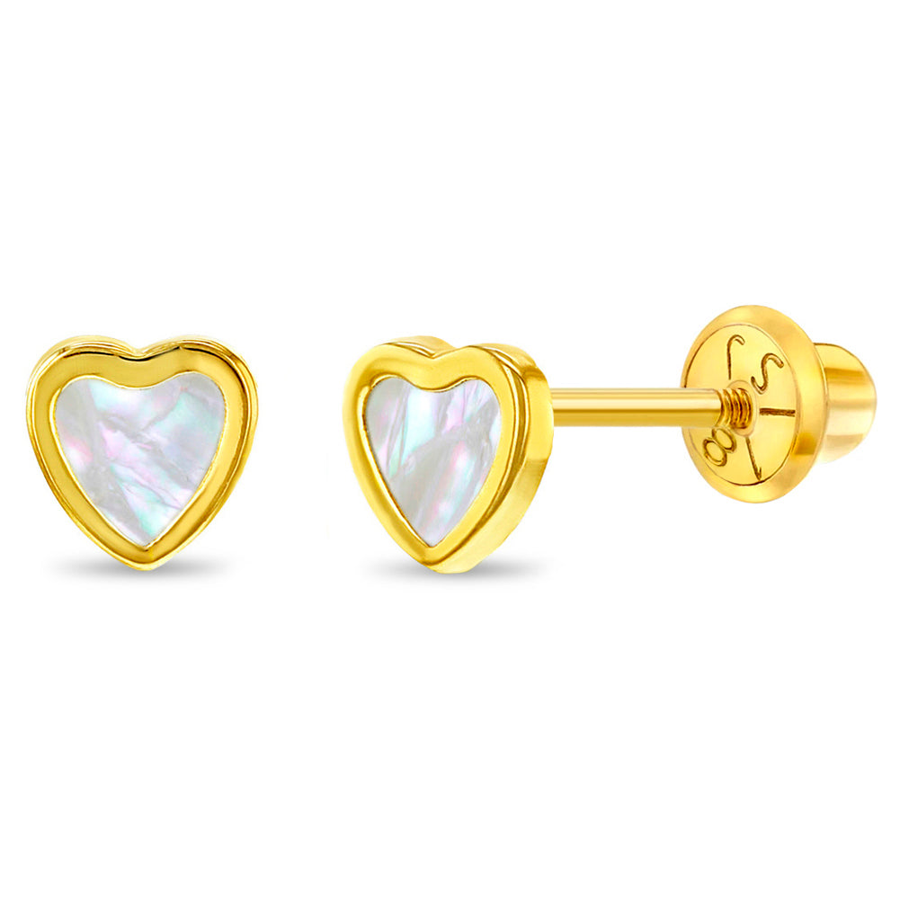 18k Gold Mother of Pearl Heart Baby / Toddler / Kids Earrings Safety Screw Back Bezel