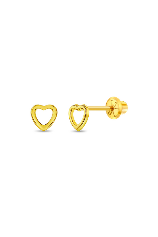 18k Gold Tiny Open Heart Baby / Toddler / Kids Earrings Safety Screw Back