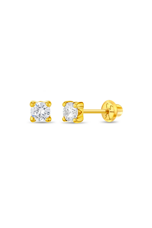 14k Gold 4 Prong CZ Solitaire 2-5mm Baby / Toddler / Kids Earrings Safety Screw Back - 4mm