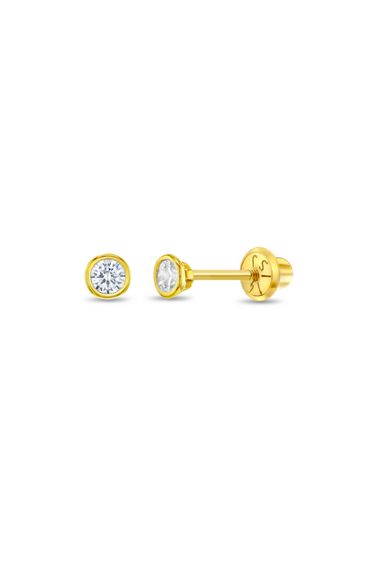 14k Gold Tiny Bezel Set CZ Baby / Toddler / Kids Earrings Safety Screw Back - 3mm