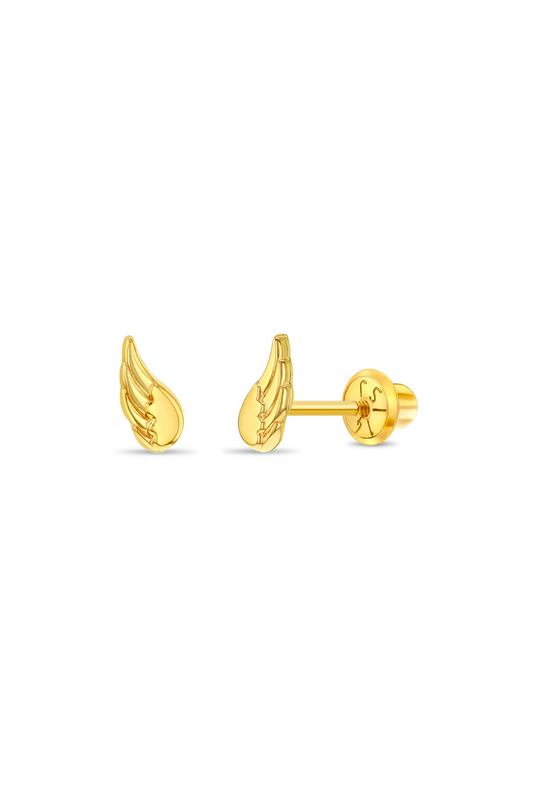 14k Gold Angel Wings Girls / Teen Earrings Safety Screw Back