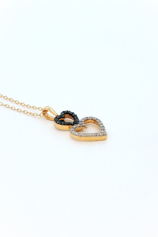 Collar Doble Corazón Diamantes Negros y Blancos