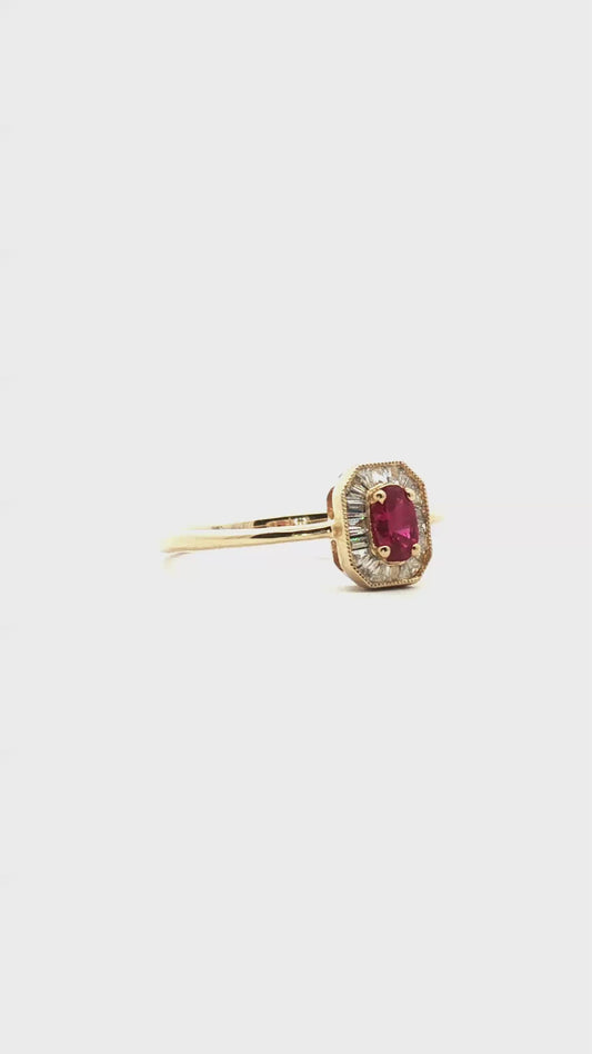 Anillo Rubi Halo Diamantes Baguette
